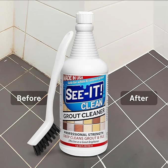 SEE-IT! Grout & Tile Deep Cleaner Brightener & Heavy-Duty Stain Remover Acid-Free Safe for Ceramic, Porcelain, Marble, Stone - 32 fl. oz. with Hand Cleaning Brush