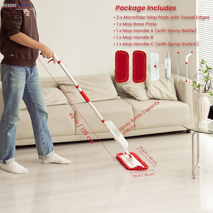 Spray Mop for Floor Cleaning with 2 Microfiber Pads Featuring Tassel Edges, Lightweight Aluminum Handle, and Even Spray Nozzle for Efficient Cleaning
