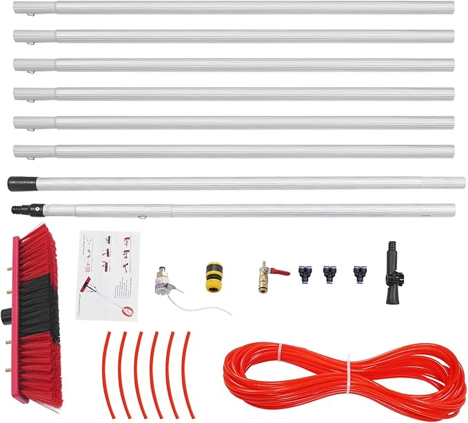 Water Fed Pole Kit, 26ft Length Water Fed Brush, 8m Water Fed Cleaning System, Aluminum Outdoor Window Cleaner w/ 20m Hose, Cleaning and Washing Tool for Window Glass, Solar Panel