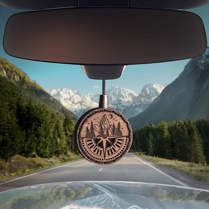 Wood Car Air Freshener — Handmade Car Air Freshener — Compass Mountains Designed Fragrance Oil Diffuser in Wooden Gift Box — Aromatherapy Set with Ocean Breeze Fragrance Oil - 10 ml