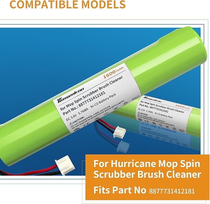 Upgraded 1600mAh Battery Replacement for Hurricane Spin Brush Scrubber Mop Cleaner Spin-Scrubber Bathtub Part No. 8877731412181