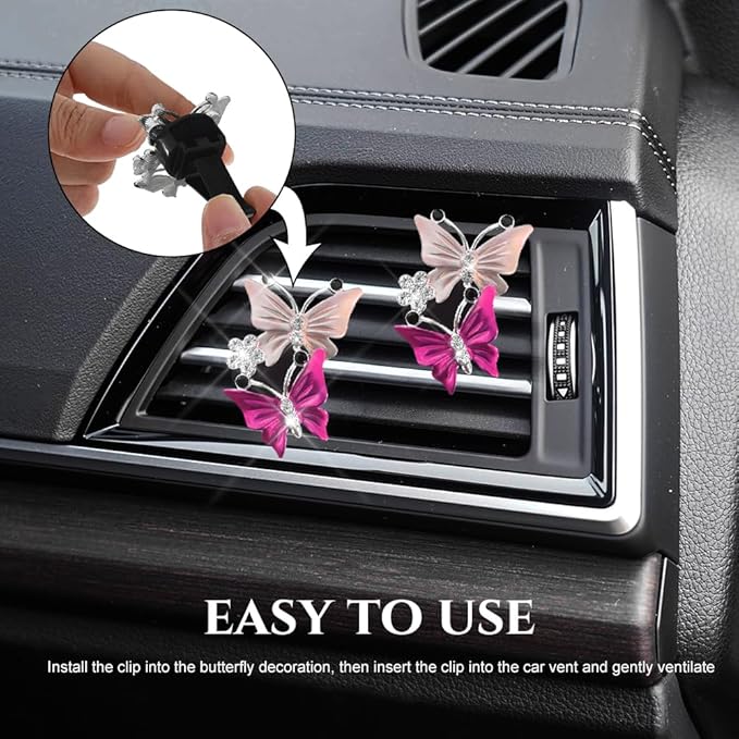 2PCS Car Air Vent Clips, Dual Butterfly Diamond Car Air Conditioner Outlet Vent Clip, Cute Car Diffuser Perfume Clip, Car Air Freshener Decor Accessories for Women Girl (Dark Pink, Style 1)