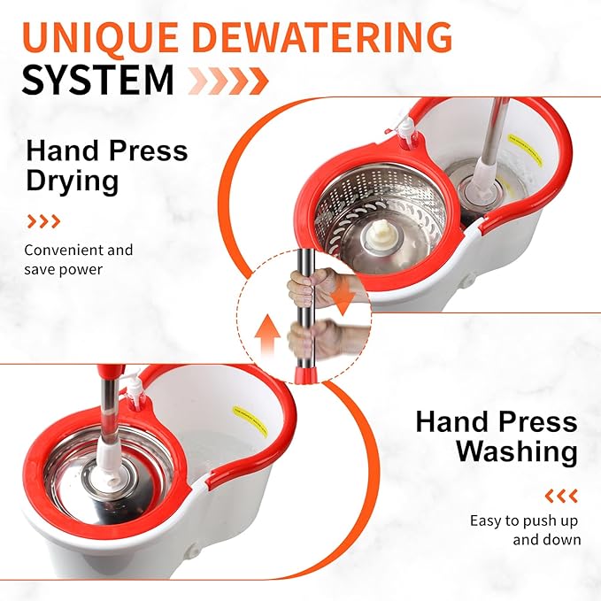 Spin Mop and Bucket with Wringer Set, 360°Spinning Mop Bucket System with Floor Scrub Brush 6 Microfiber Mop and Adjustable Long Handle for Floor Cleaning Dry and Wet Use