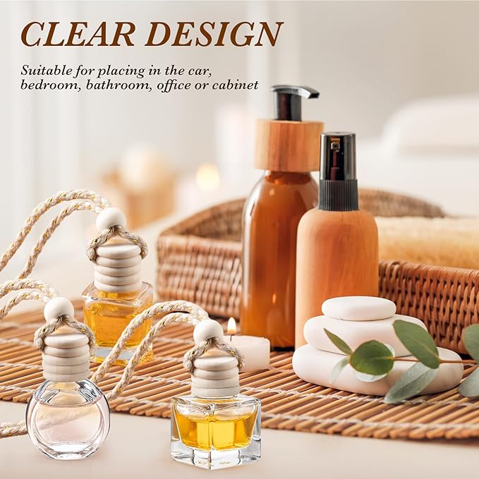 Zubebe 250 Pcs Hanging Car Diffuser Bottles Bulk, 5 Styles Empty Glass Refillable Air Freshener Bottles with Wooden Cap for Perfume Essential Oils Fragrance Aromatherapy Ornament, 8ml 10ml