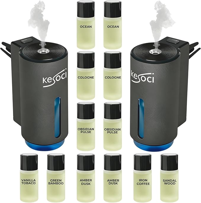 2 Smart Car Air Freshener Diffusers – Rechargeable Auto Scent Device Set with 12 Refills – Anti-Leak System, 3 Spray Modes & Motion Sensor Auto On/Off