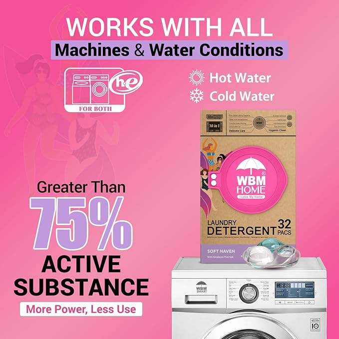 WBM Laundry Pods, 32 Count | Specially Designed for Undergarments With Soft Heaven Fragrance | Laundry Detergent Pods Formulated With Plant-Based Formula and Gentle Stain Remover