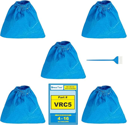 SpaceTent 5 Pack VRC5 Shop Vac Filter Bags for Vacmaster 4, 5, 12 and 16 Gallon Wet/Dry Vacs, High Efficiency Dust Filter, Part# VRC51