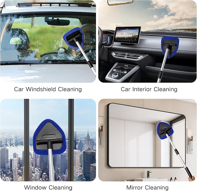 10pcs Windshield Cleaner Tool, Car Window Cleaning Wash Kit with 4 Reusable Microfiber Pads 1 Spray Bottle and Extendable Handle Auto Glass Wiper Kit, Blue