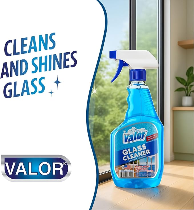 Valor Glass Cleaner Trigger Sprayer – Streak-Free Shine for Glass & Mirrors, 32 fl oz (32 Fl Oz (Pack of 12))