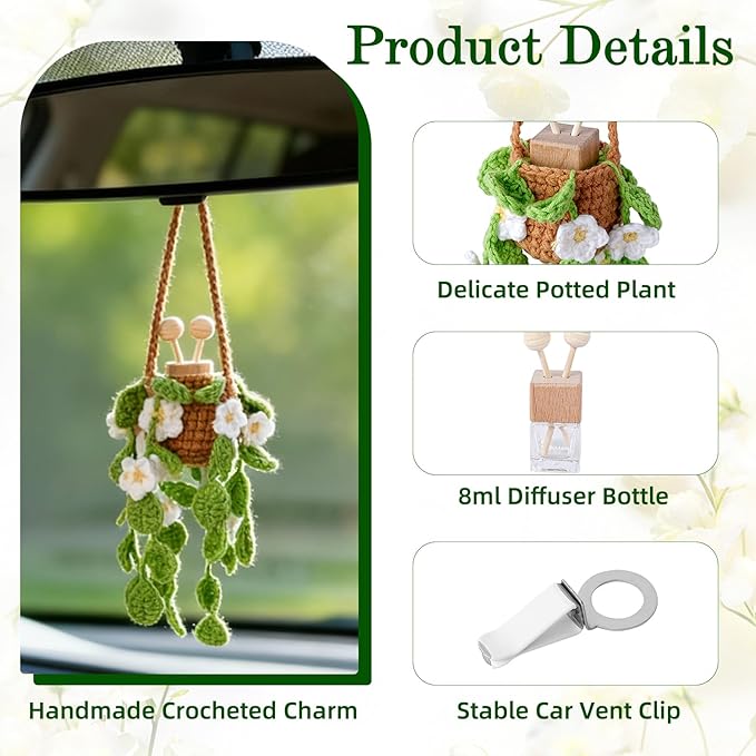 Crochet Car Air Freshener, 8ml Empty Refillable Oil Diffuser Bottle with Hanging Crochet White Daisies Plant & Hanging Tools, Car Rearview Mirror Diffuser for Wall Art & Home & Office Decoration