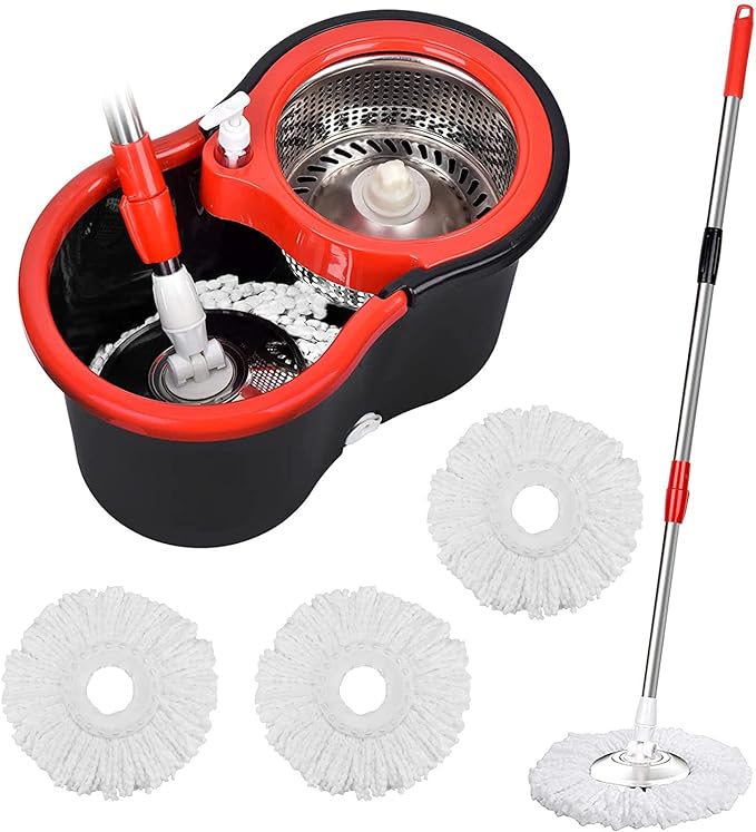 Mop and Bucket Set, 360° Spin Mop and Bucket with Wringer Set and 3 Microfiber Mop Refills, Stainless Steel 61" Extended Handle Spinning Mop Bucket System for Floor Cleaning