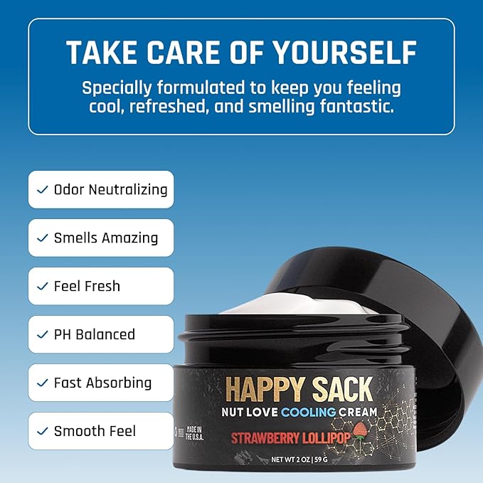 Derm Dude Happy Sack Ball Deodorant & Comfort Cream for Men | Anti-Chafing Sweat Defense, Odor Control, Aluminum-Free Deodorant & Hygiene Products for Men's Private Parts | 2oz (Strawberry)
