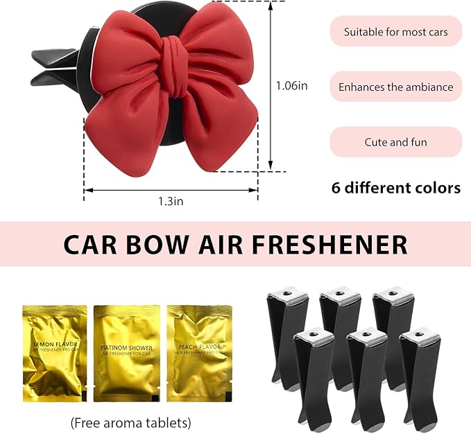 6 PCS Bow Car Air Freshener, Cute Bow Automotive Scent Air Fresheners Vent Clips, Coquette Vehicle Outlet Perfume Diffusers Interior Aesthetic Decorations for Women Girls (Multi-Color)
