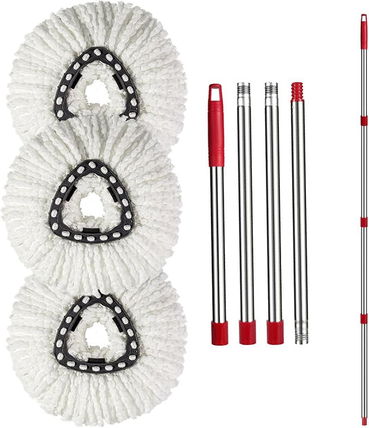 [3 Pack] Mop Replace Heads and Mop Handle Replacements, Mop Refill Heads Replacements Compatible with O Cedar Spin Mop 1-Tank System
