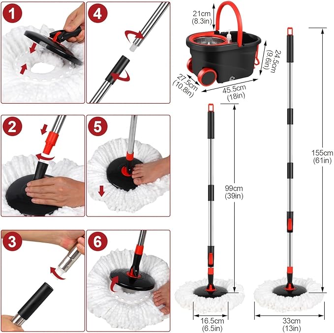 360° Spin Mop and Bucket System with Wringer - Includes 3 Microfiber Mop Refills & 50" Extended Handle for Floor Cleaning, Easy Squeeze, Efficient Home Cleaning Tool (Black) (Black Red)