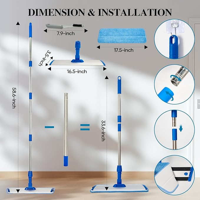 17.5'' Microfiber Mop for Floor Cleaning-Blue Flat Floor Mop with 58'' Stainless Steel Handle- 4 Reusable Washable Replacement Pads-Wet & Dry Use for Hardwood Tile Laminate-Home Kitchen Bathroom