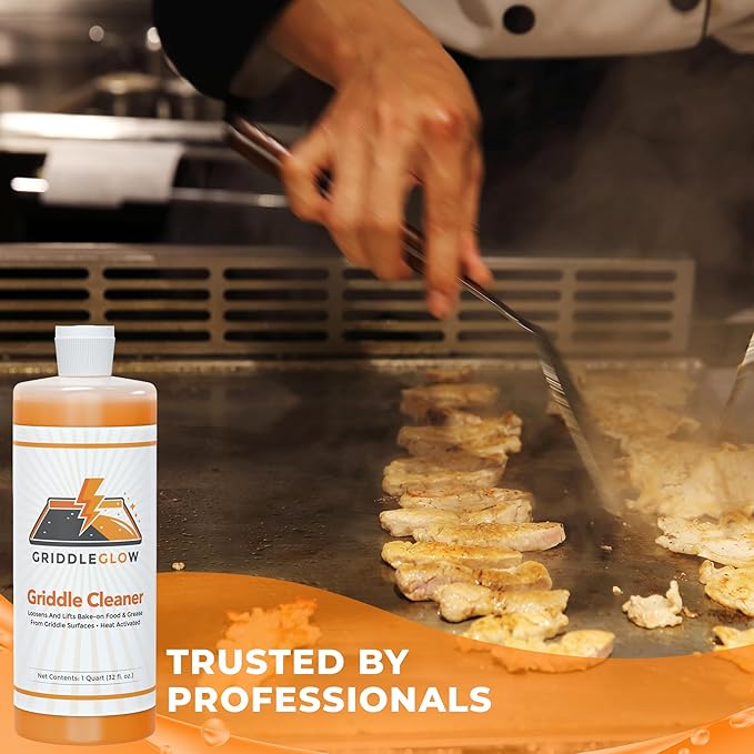 Griddle & Flat Top Grill Biodegradable Cleaner. Easy Pour Squeeze Bottle 32 oz. Fast Acting Formula, Food Safe, Glycerin-Based and Caustic Free. Heat Activated Removes Grease and Baked-on Food, Safe