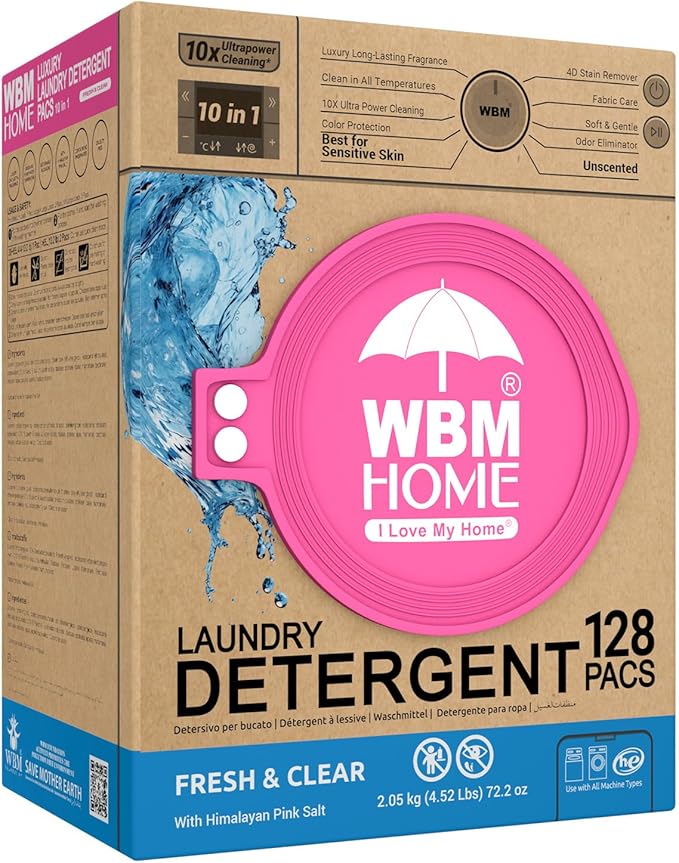 WBM Laundry Detergent Pods, 128 Count | Fresh & Clear Unscented | Laundry Pods 10x Ultrapower Cleaning With Color Protection and Eco-Friendly Packaging