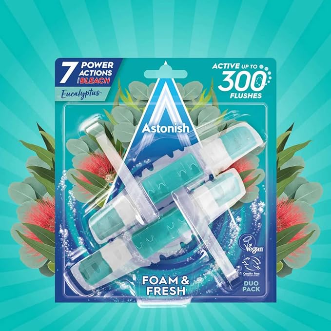 Astonish Foam & Fresh Fresh Eucalyptus Scented Toilet Blocks with Bleach - Powerful Odor Control Cleaning Formula Prevents Hard Water Stain Build Up – 2 Blocks, Freshness Up to 300 Flushes per Block