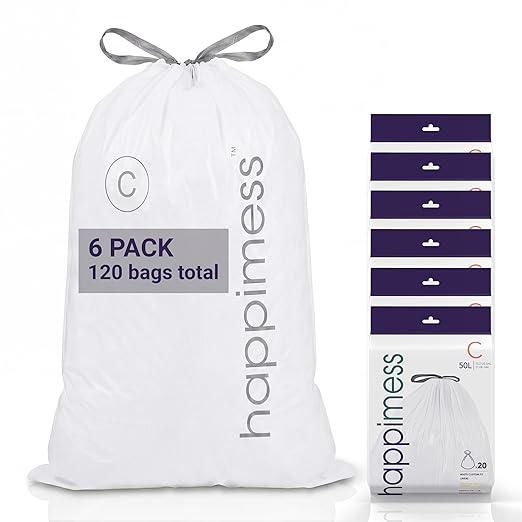 happimess 13.2 Gallon (50L) Drawstring Trash Bags, Unscented, White, Heavy Duty LDPE Liners for Kitchen and Household, Custom Fit 120 Count (6 Packs of 20 Liners) HPM3000C-W-6SET