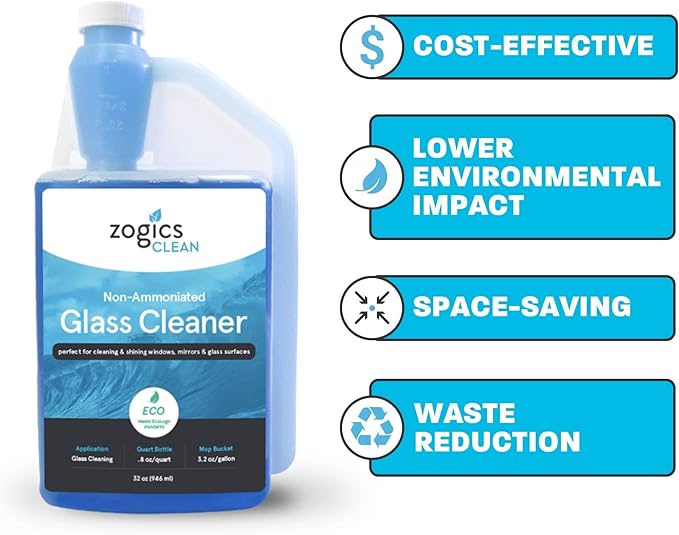 Zogics Non-Ammoniated Glass Cleaner Concentrate - Case of 6-32 oz Bottles - Each Bottle Makes up to 10 Gallons - Meets ECOLOGO Standards