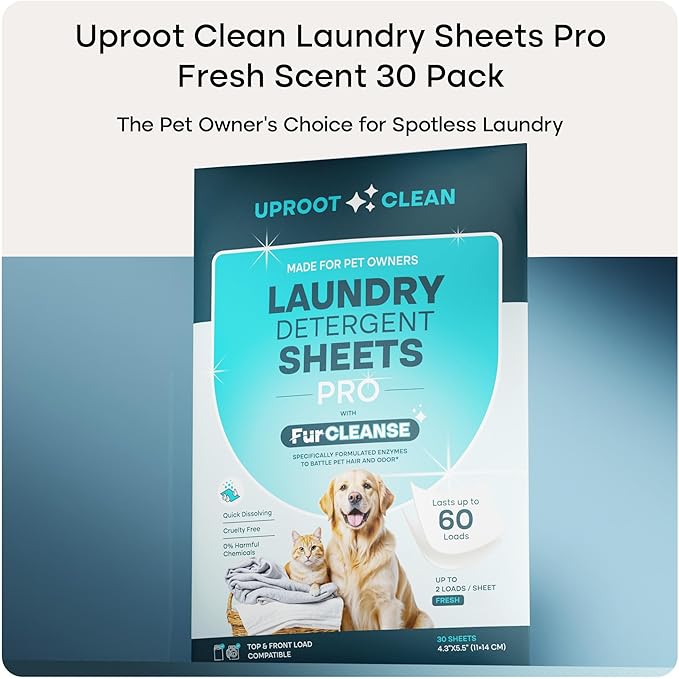 Uproot Clean Laundry Sheets Pro - 30 Pack - Fresh Scent: Mineral-Powered Laundry Detergent Sheets Travel Pack - Eliminate Clinging Fur, Pet Odors, & Messy Residue - Up to 60 Loads