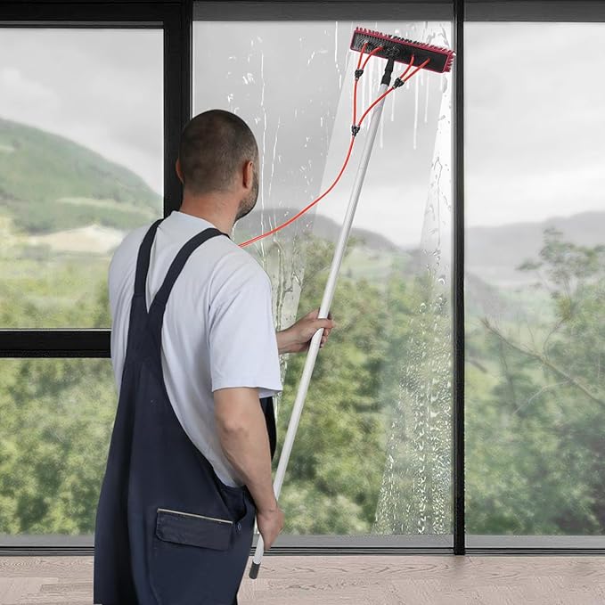 Water Fed Pole Kit, 26ft Length Water Fed Brush, 8m Water Fed Cleaning System, Aluminum Outdoor Window Cleaner w/ 20m Hose, Cleaning and Washing Tool for Window Glass, Solar Panel