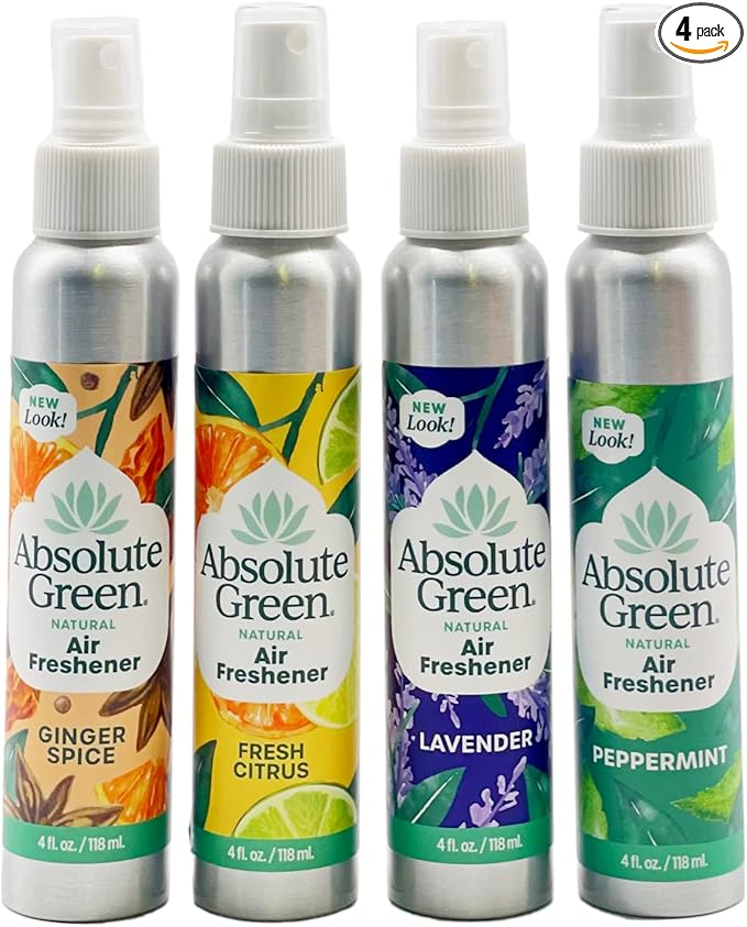 Absolute Green Air Freshener Room Spray, Covers Odor, Variety Pack 4oz (Pack of 4)