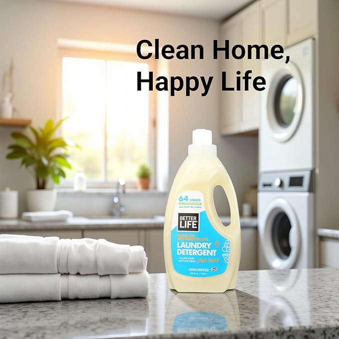 BETTER LIFE Laundry Detergent - Concentrated Liquid Laundry Soap for Automatic Washing Machine - Gentle Unscented Laundry Supplies for Sensitive Skin - 64oz