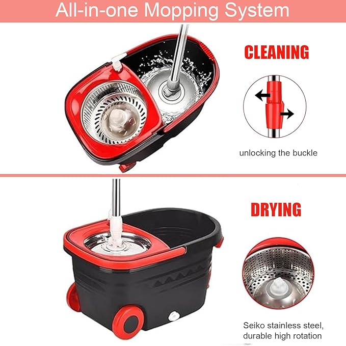 Spin Mop and Bucket with Wringer Set On Wheels, 360° Spinning Mop Bucket System with 3 Microfiber Replacement Heads, 61" Stainless Steel Extended Handle for Floor Cleaning Black/Red (25QT) (Big Black)