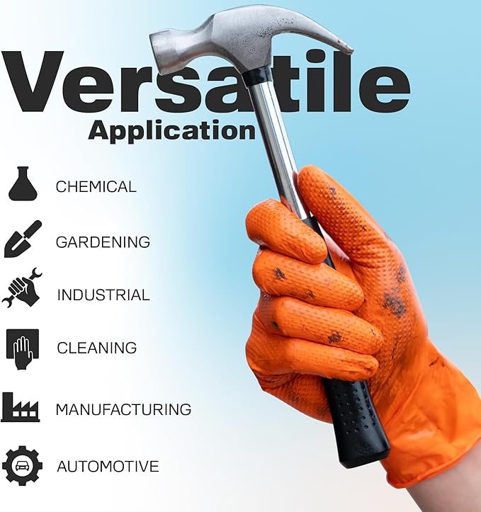 Raxwell Orange Nitrile Gloves 8.5 Mil - Powder-Free Puncture-Resistant Protection - Diamond-Texture Work Gloves with Grip