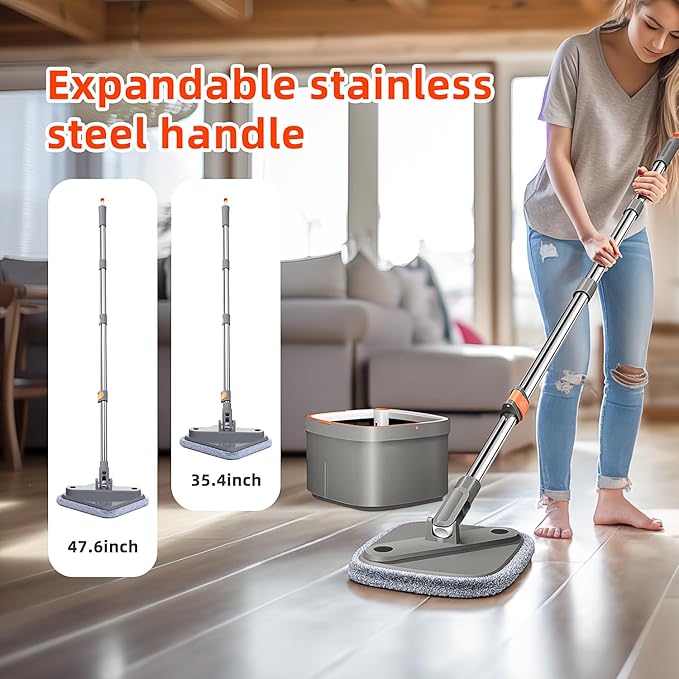 Spin Mop and Bucket Set with Self Separation Dirty and Clean Water System, Square Mop Bucket Self Wringing 360° Rotating Clean Floor Mop-Head for Hardwood Tile Marble Floors