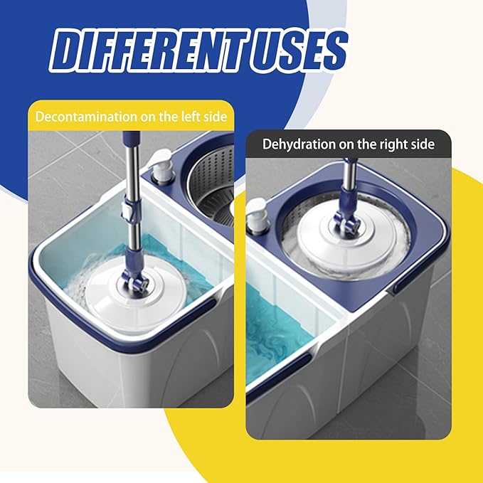 Spin Mop and Bucket Set 43-51" Telescopic Microfiber 15" Round Mop with Wringer, 2 Pads & Detachable 2 Compartment Bucket with Draining Hole for Home ...
