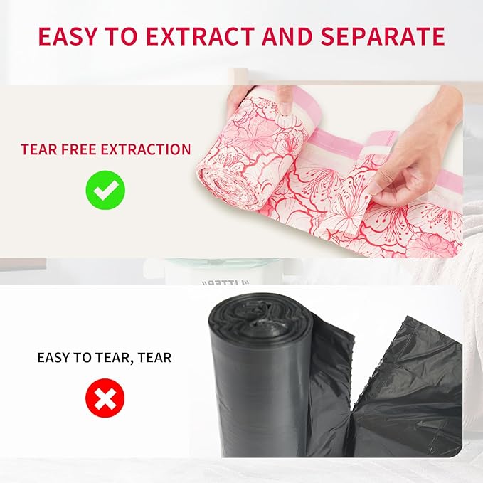Trash bags, 4 Gallon Trash Bags Drawstring, Colorful & Portable Small Trash Bags with Plum Blossom Printed, Tear-Resistant Garbage Bags 4 Gallon for Bathroom Office Trash Cans, 80 Count