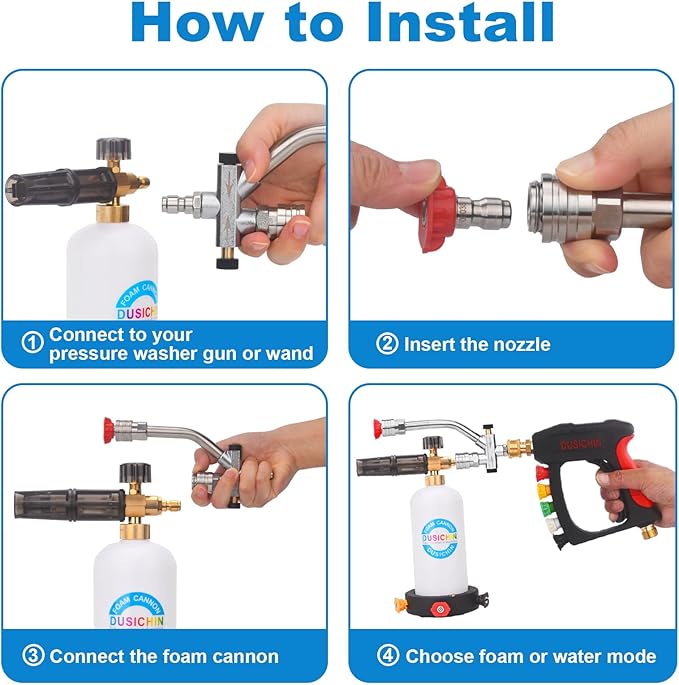 DUSICHIN Foam Cannon Snow Foam Lance Dual Ended Shift Valve For Pressure Washer, 5 Nozzle Tip Holder Dual Connector Wide Mouth Soap Cannon 5 Power Washer Sprayer Nozzles 1/4" Quick Connect Soap Cannon