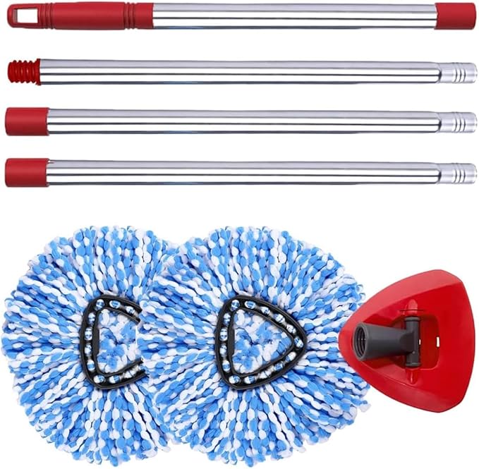 Spin Mop Accessories: 2 Replacement Heads, Triangle Base, Adjustable Handle for Cleaning