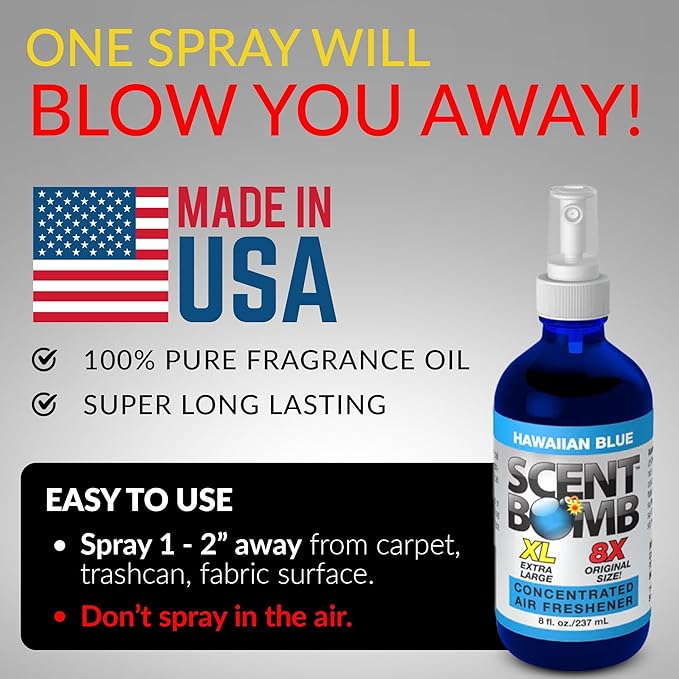 Scent Bomb Air Freshener Bundle - 1 oz & 8 oz Bottle Sprays, Vent Clip, Organic Cans, Hanging Circle - Continuous Freshness & Long-Lasting Odor Eliminator for Car, Home, Bathroom - Hawaiian Blue