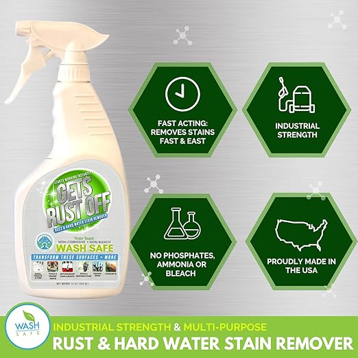 Wash Safe™ GETS RUST OFF | Non-Corrosive, Non-Bleach Rust & Hard Water Stain Remover | Water-Based, Fast-Acting Formula for Metal, Concrete, Tools & More (32 oz Spray)