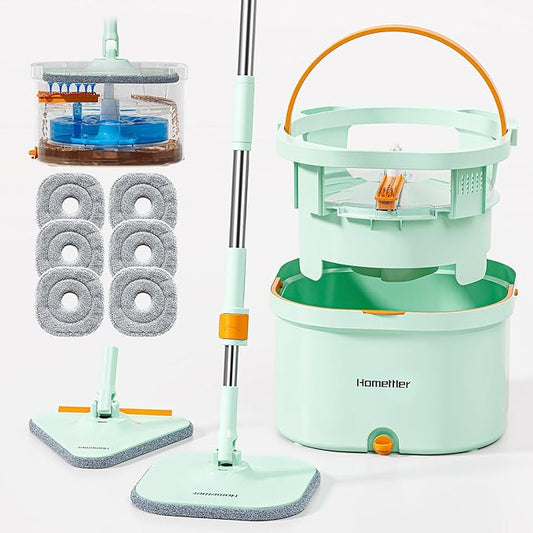 Spin Mop and Bucket Set, Mop Bucket with Separate Dirty Water System, Deep-Cleaning Mops for Floors/Wall, Versatile Mops Triangular Head for Walls with 6 Microfiber Mop Pads