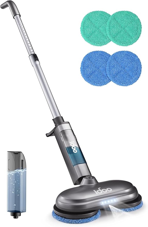 iDOO Cordless Electric Mop, Rechargeable Spin Mop with Water Spray & LED Headlight, Quiet Self Propelled Floor Cleaner, Washable Pads & 350ml Water Tank, Lightweight Floor Scrubber for All Floors
