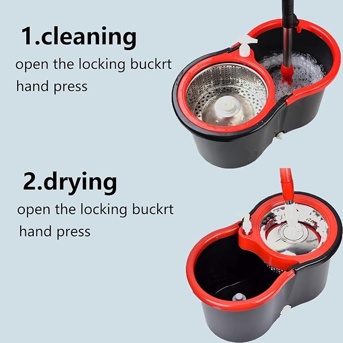 2 Mop and Bucket Set,Spin Mop and Bucket with Wringer,for Floor Cleaning,with Adjustable Stainless Steel Handle,soap Dispenser and 6 Microfiber Mop Heads (Black)