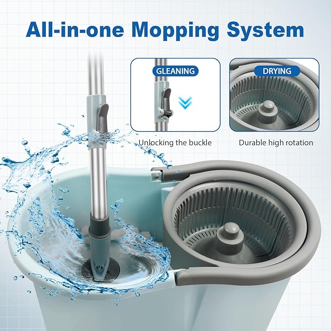 Spin Mop and Bucket, Mop and Bucket with Wringer Set for Home, 360 Spinning Mop Bucket Floor Cleaning Tool with 3 Microfiber Mop Replacement Head Refills,50" Extended Handle for Floor Cleaning Home