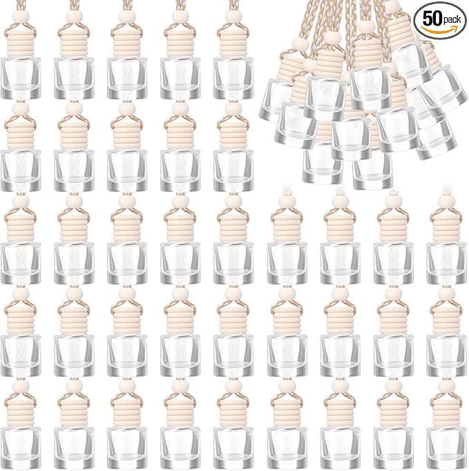 50 Pcs Hanging Car Air Freshener Car Diffuser Bottles Empty Glass Perfume Bottles Freshener Diffuser Bottle Pendant for Essential Oil Fragrance Aromatherapy Bottle Ornament (Cylinder)