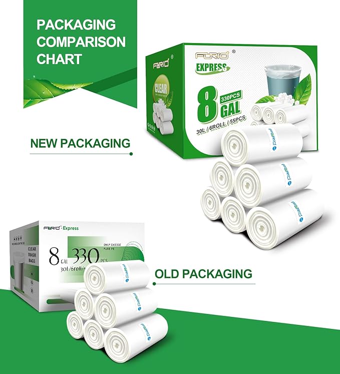 FORID Clear Trash Bags, 8 Gallon Garbage Bags, Wastebasket Bin Liners 330 Count Plastic Trash Bags for Bathroom Bedroom Office Garbage Can 30 Liters - Durable & Thick Trash Bag - Medium