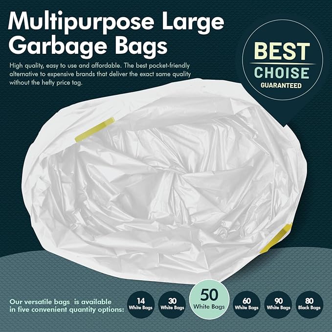 PAMI Extra-Strong 13 Gallon Unscented Tall Kitchen Garbage Bags with Drawstring, for Indoor & Outdoor Use (White - 50 Pack 1 Count (Pack of 1))