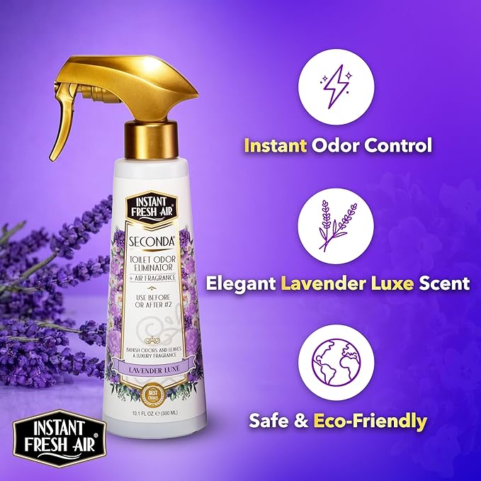 Seconda Premium Toilet Spray - Bathroom Air Freshener & Toilet Bowl Odor Eliminator - For Home, Business, School - Bathroom Deodorizer - Long Lasting Lavender Fragrance 10.1 fl oz.