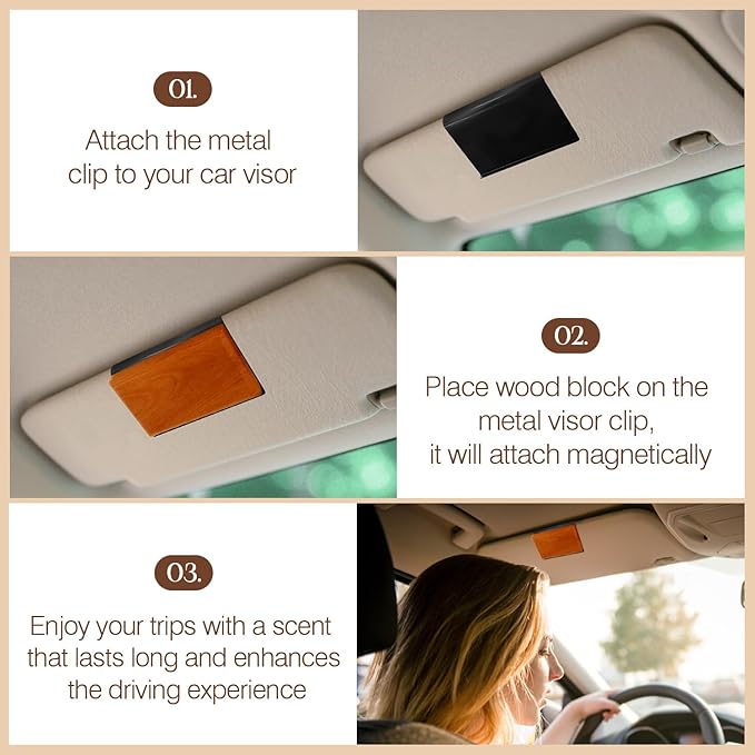 Car Air Freshener Starter Kit - Wood Car Freshener for Visor Clip - Long Lasting Scent - Car Odor Eliminator - CLIP INCLUDED (Amber-Teak-Lavender-Frosted Spruce)