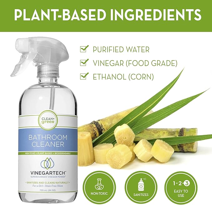 CLEAN+GREEN VinegarTech Bathroom Cleaner - Vinegar Spray All Purpose Cleaner Removes Dirt & Grime Shower, Tub, Tile Floor - Vinegar Cleaner Household Cleaning Supplies - Cleaning Vinegar 24 Fl Oz