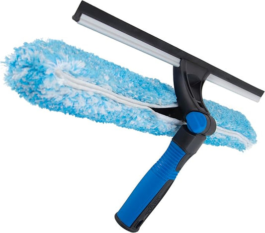 Unger Professional Connect and Clean 18” Proflex 2-in-1 Squeegee and Scrubber, High Access Window Cleaning Tool with Pivoting Head, Commercial and Residential Use, Reusable Microfiber Sleeve