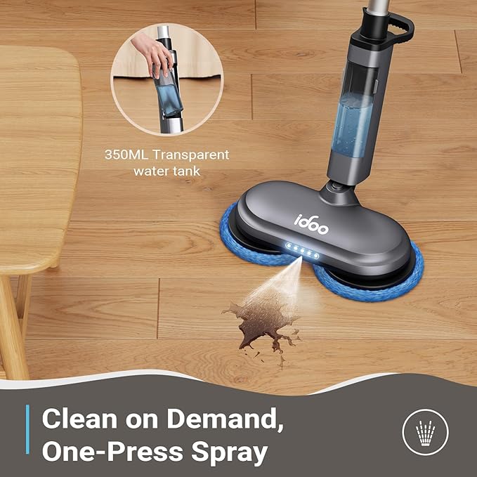 iDOO Cordless Electric Mop, Rechargeable Spin Mop with Water Spray & LED Headlight, Quiet Self Propelled Floor Cleaner, Washable Pads & 350ml Water Tank, Lightweight Floor Scrubber for All Floors